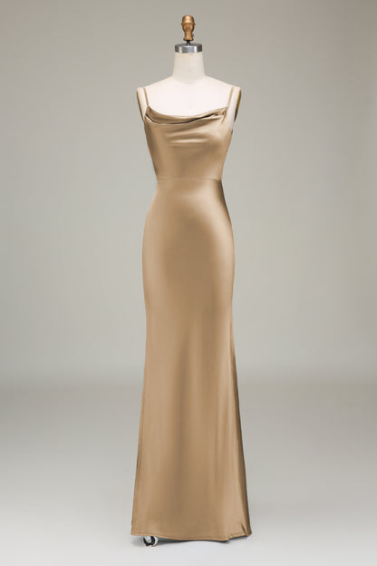 Dusty Blue Sheath Spaghetti Straps Satin Long Bridesmaid Dress