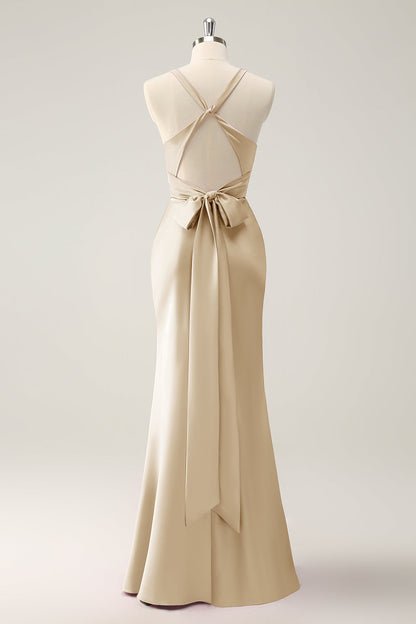Dusty Blue Mermaid V Neck Satin Long Bridesmaid Dress