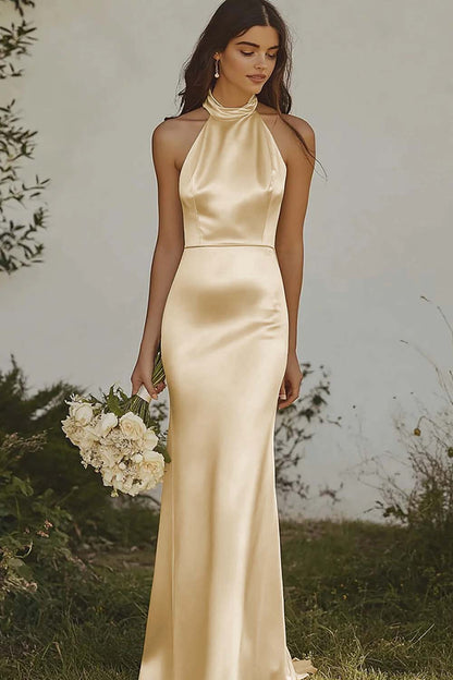 Dusty Sage Sheath Halter Backless Long Satin Bridesmaid Dress