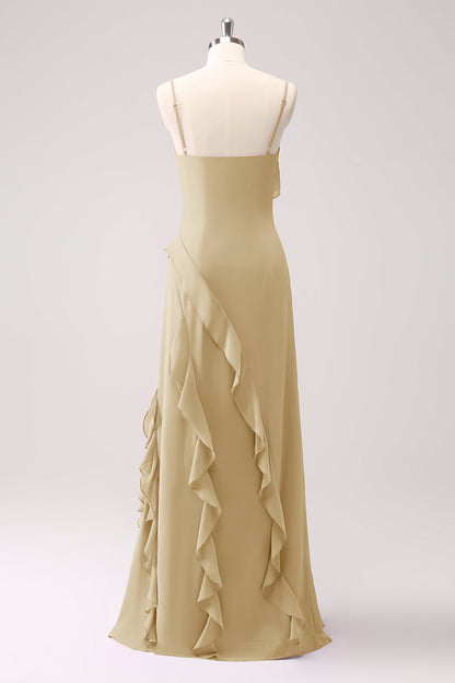 Eucalyptus Ruffled Spaghetti Straps Chiffon Long Bridesmaid Dress with Slit