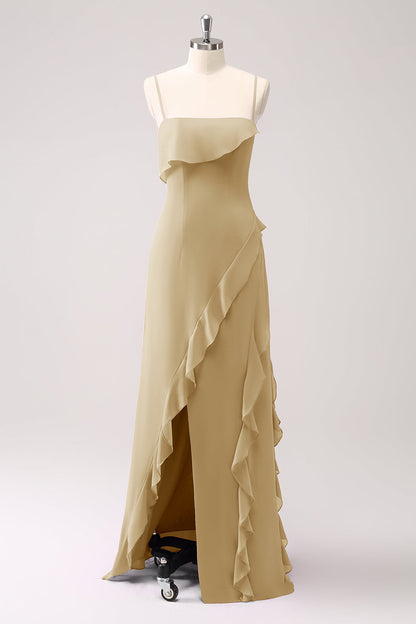 Eucalyptus Ruffled Spaghetti Straps Chiffon Long Bridesmaid Dress with Slit