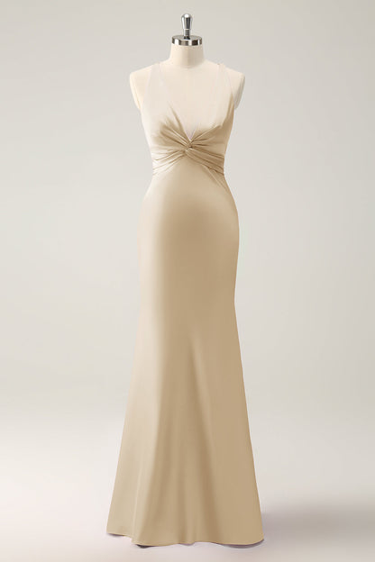 Dusty Blue Mermaid V Neck Satin Long Bridesmaid Dress