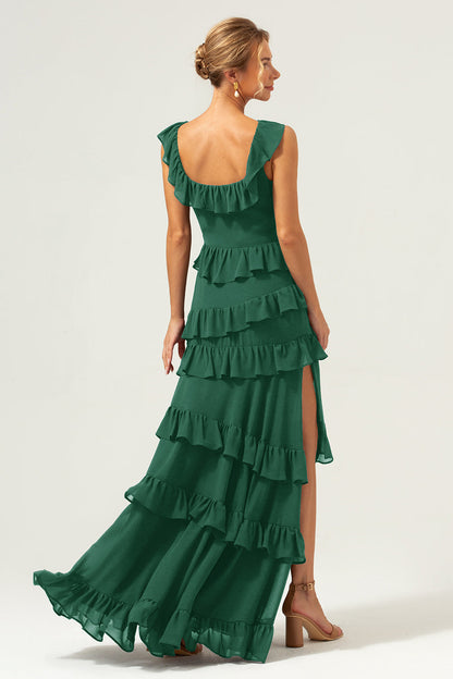 Dark Navy A-Line Ruffleed Chiffon Long Bridesmaid Dress with Slit
