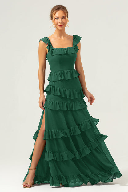 Dark Navy A-Line Ruffleed Chiffon Long Bridesmaid Dress with Slit
