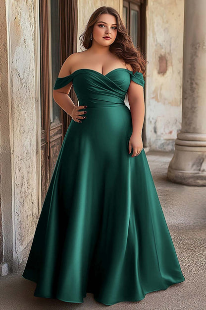 Dusty Blue Off the Shoulder Satin A Line Long Prom Dress