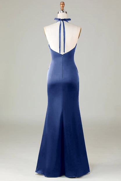 Dusty Sage Satin Sheath Halter Long Bridesmaid Dress