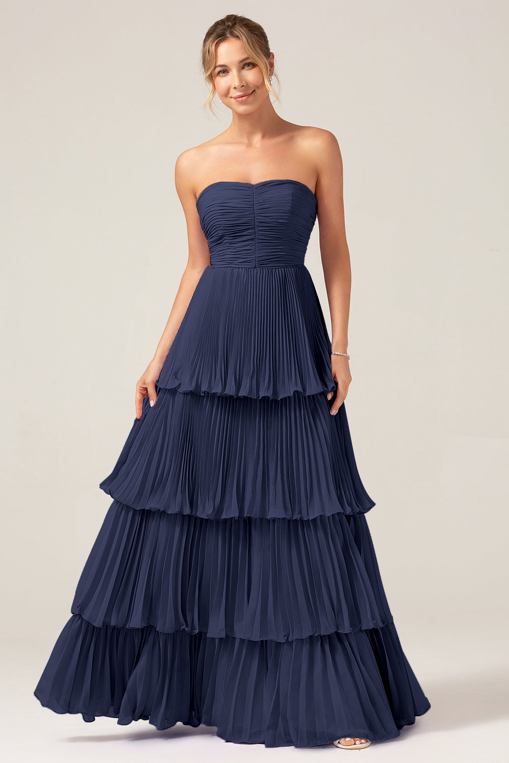 Flowy Chiffon Dusty Blue Sweetheart Tiered Long Bridesmaid Dress