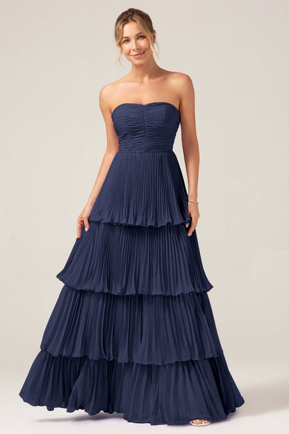 Flowy Chiffon Dusty Blue Sweetheart Tiered Long Bridesmaid Dress