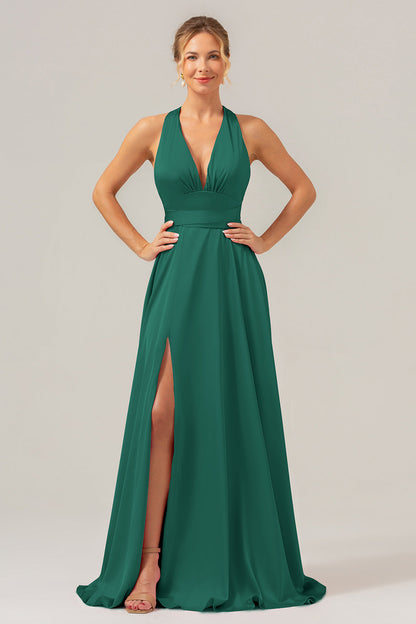 Pink A Line V-Neck Backless Long Bridesmaid Dress with Slit