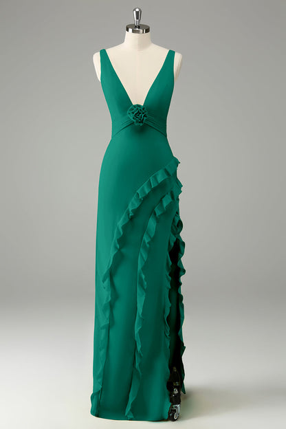 Lime Deep V Neck Ruffles Wedding Guest Dress with Slit
