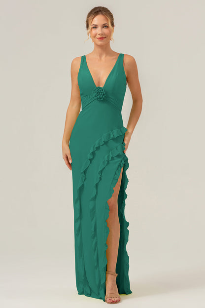 Lime Deep V Neck Ruffles Long Bridesmaid Dress with Slit