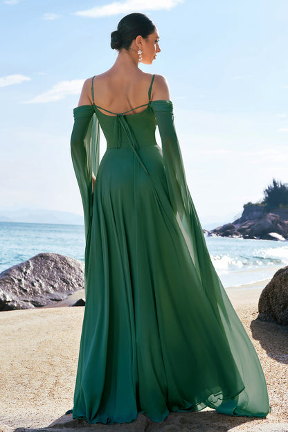 Dusty Blue Cold Shoulder A-Line Long Bridesmaid Dress with Detachable Sleeves