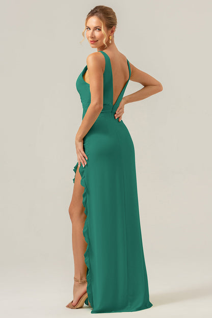 Lime Deep V Neck Ruffles Long Bridesmaid Dress with Slit