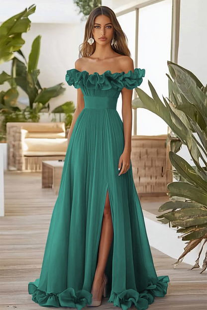Blue Off the Shoulder A Line Long Formal Dress with Slit