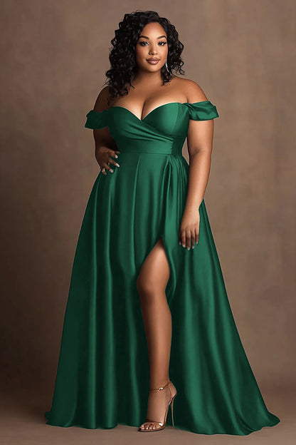 Off the Shoulder Navy Plus Size Long Satin Formal Dress with Slit
