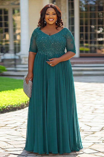 Grey A Line Appliqued Plus Size Long Mother of the Bride Dress