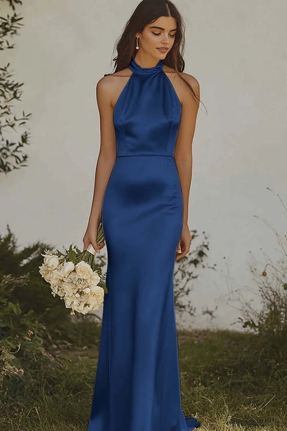 Dusty Sage Sheath Halter Backless Long Satin Bridesmaid Dress