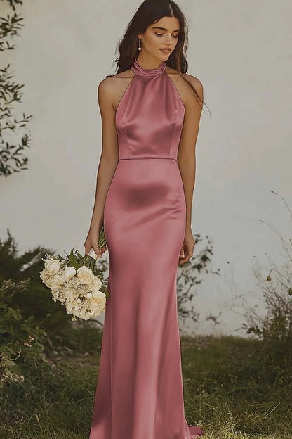 Dusty Sage Sheath Halter Backless Long Satin Bridesmaid Dress
