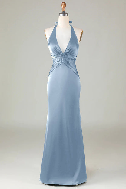 Burgundy Mermaid Halter Long Satin Bridesmaid Dress