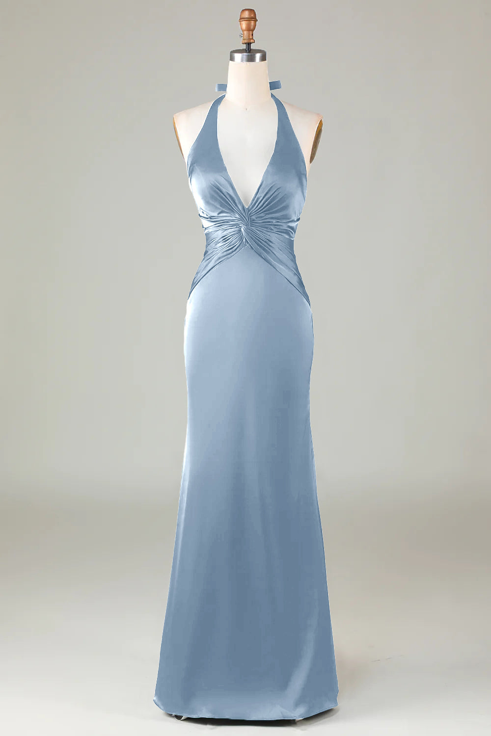 Taupe Sheath Halter Satin Long Bridesmaid Dress