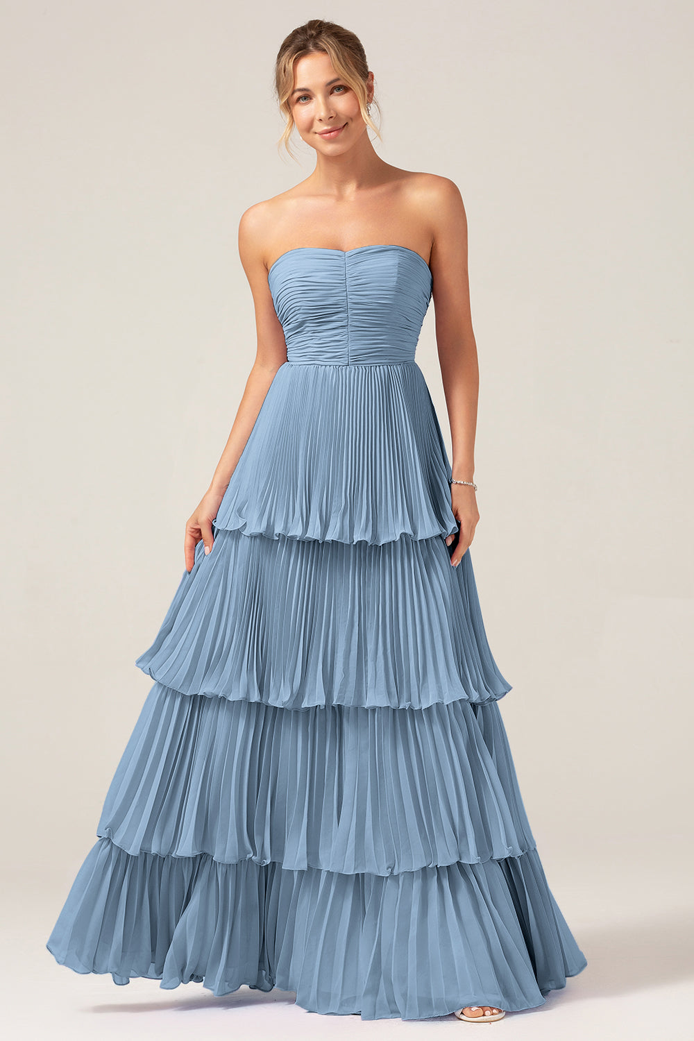 Flowy Chiffon Dusty Blue Sweetheart Tiered Long Bridesmaid Dress