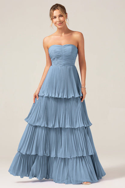 Flowy Chiffon Dusty Blue Sweetheart Tiered Long Bridesmaid Dress