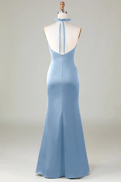 Mermaid Halter Dusty Blue Long Satin Bridesmaid Dress