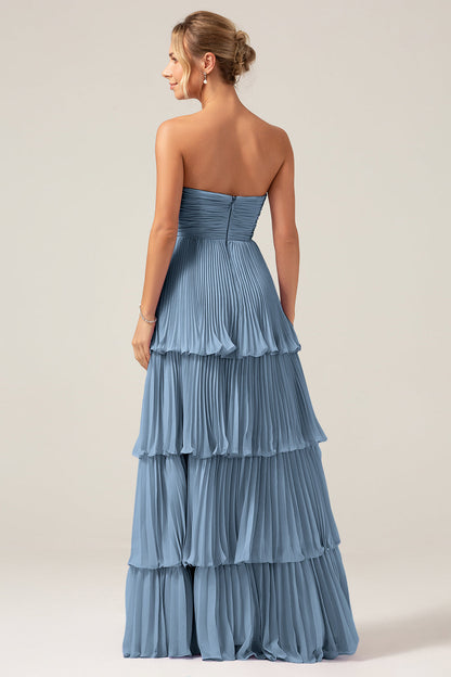 Flowy Chiffon Dusty Blue Sweetheart Tiered Long Bridesmaid Dress