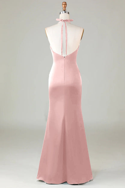 Mermaid Halter Dark Green Long Satin Bridesmaid Dress