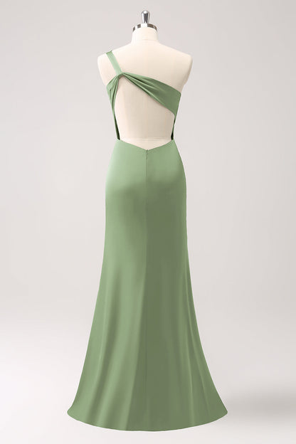 Dusty Sage One Shoulder Mermaid Satin Long Bridesmaid Dress
