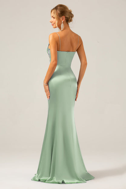 Mermaid Grey Blue Satin Spaghetti Straps Pleated Maxi Dress