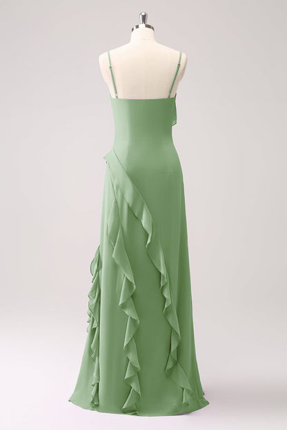 Dusty Sage Ruffled Spaghetti Straps Chiffon Long Bridesmaid Dress with Slit