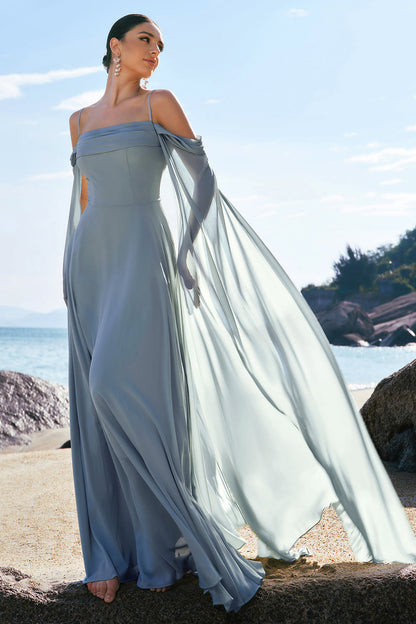 Dusty Blue Cold Shoulder A-Line Long Bridesmaid Dress with Detachable Sleeves