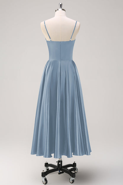 Navy A-Line Ruched Spaghetti Straps Tea Length Bridesmaid Dress
