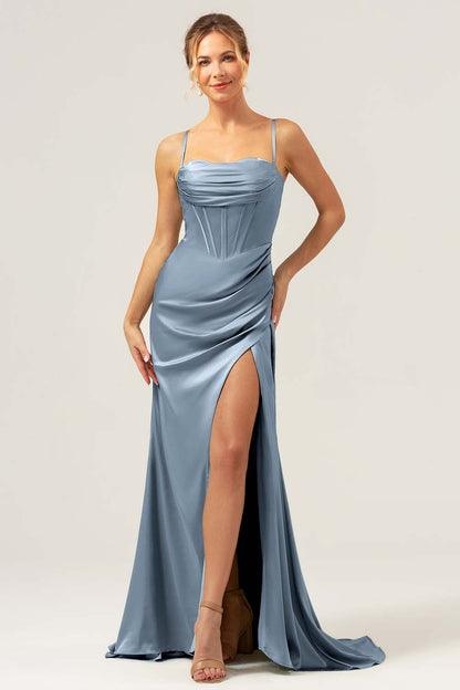 Sage Corset Long Bridesmaid Dress with Slit