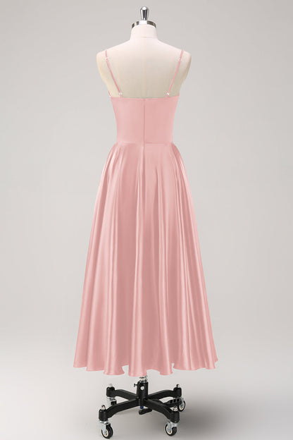 Navy A-Line Ruched Spaghetti Straps Tea Length Bridesmaid Dress