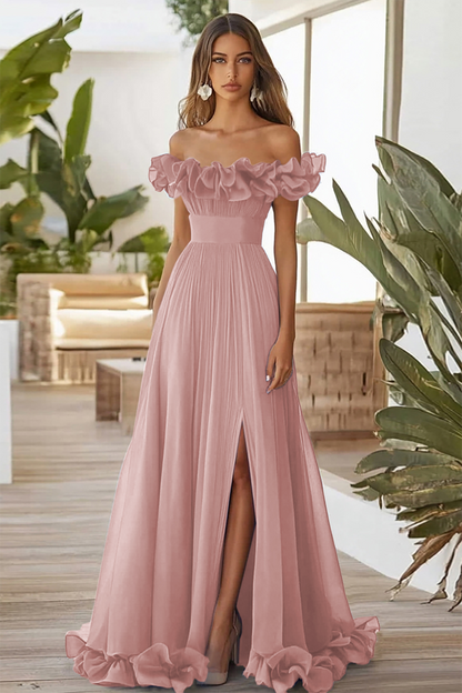 Blue Off the Shoulder A Line Long Formal Dress with Slit