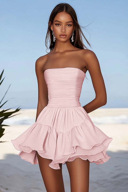 Sky Blue Chiffon Strapless Short Graduation Dress with Ruffles