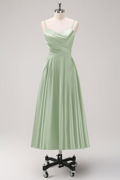 Navy A-Line Ruched Spaghetti Straps Tea Length Bridesmaid Dress