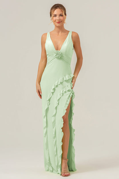 Lime Deep V Neck Ruffles Long Bridesmaid Dress with Slit