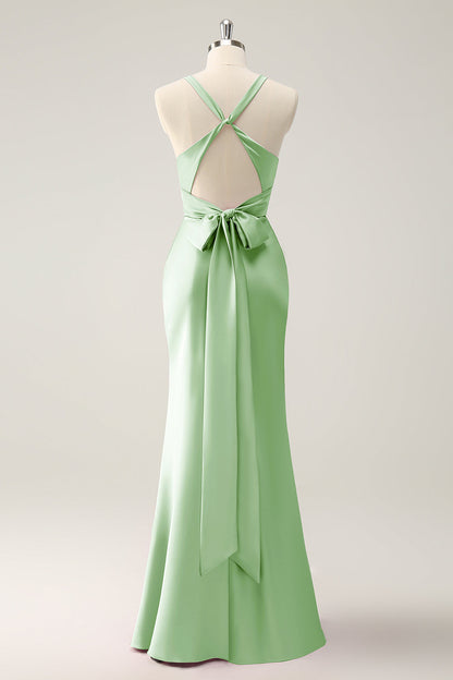 Dusty Blue Mermaid V Neck Satin Long Bridesmaid Dress