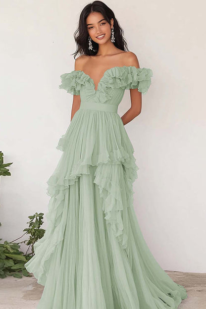Lilac Chiffon A Line Long Off the Shoulder Prom Dress with Ruffles