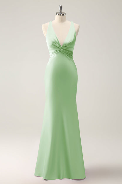 Dusty Blue Mermaid V Neck Satin Long Bridesmaid Dress