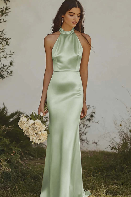 Dusty Sage Sheath Halter Backless Long Satin Bridesmaid Dress