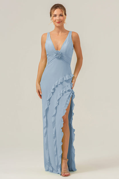 Lime Deep V Neck Ruffles Long Bridesmaid Dress with Slit