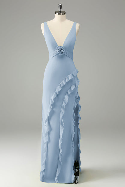 Lime Deep V Neck Ruffles Wedding Guest Dress with Slit