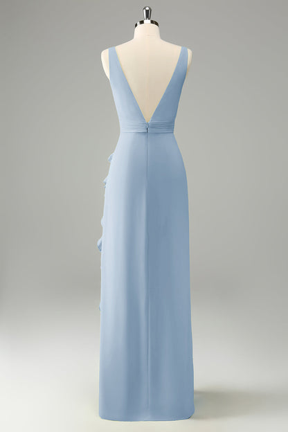 Lime Deep V Neck Ruffles Wedding Guest Dress with Slit