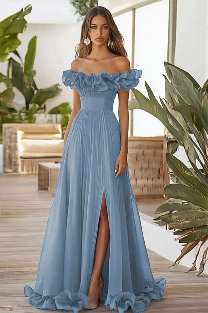 Blue Off the Shoulder A Line Long Formal Dress with Slit