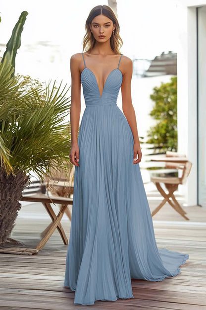 Pink Spaghetti Straps Chiffon Long Wedding Guest Dress with Pleated
