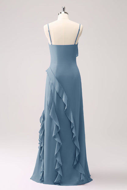 Eucalyptus Ruffled Spaghetti Straps Chiffon Long Bridesmaid Dress with Slit